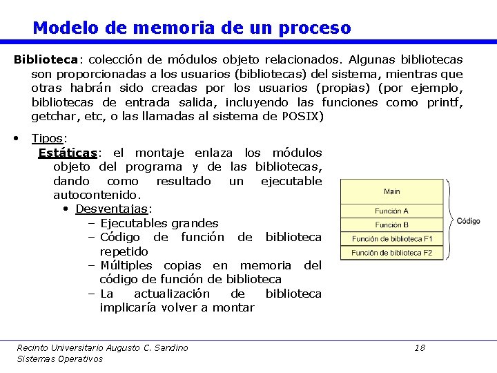 Modelo de memoria de un proceso Biblioteca: colección de módulos objeto relacionados. Algunas bibliotecas