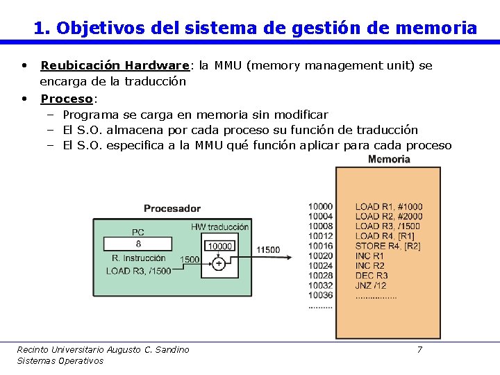 1. Objetivos del sistema de gestión de memoria • Reubicación Hardware: la MMU (memory