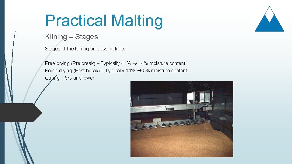 Practical Malting Kilning – Stages of the kilning process include: Free drying (Pre break)