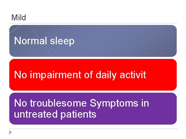 Mild Normal sleep No impairment of daily activit No troublesome Symptoms in untreated patients