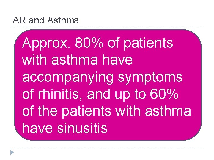 AR and Asthma Approx. 80% of patients with asthma have accompanying symptoms of rhinitis,