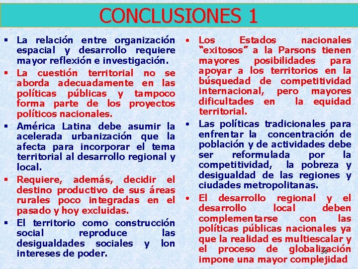 CONCLUSIONES 1 § La relación entre organización • Los Estados nacionales espacial y desarrollo CONCLUSIONES 1 § La relación entre organización • Los Estados nacionales espacial y desarrollo