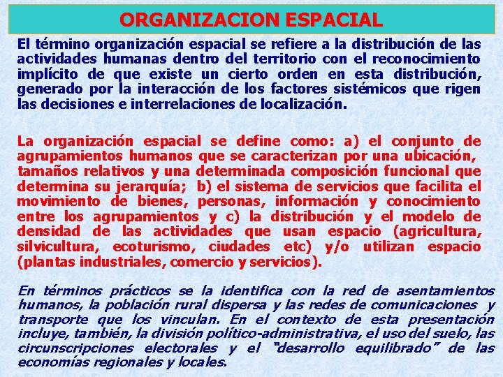 ORGANIZACION ESPACIAL El término organización espacial se refiere a la distribución de las actividades ORGANIZACION ESPACIAL El término organización espacial se refiere a la distribución de las actividades