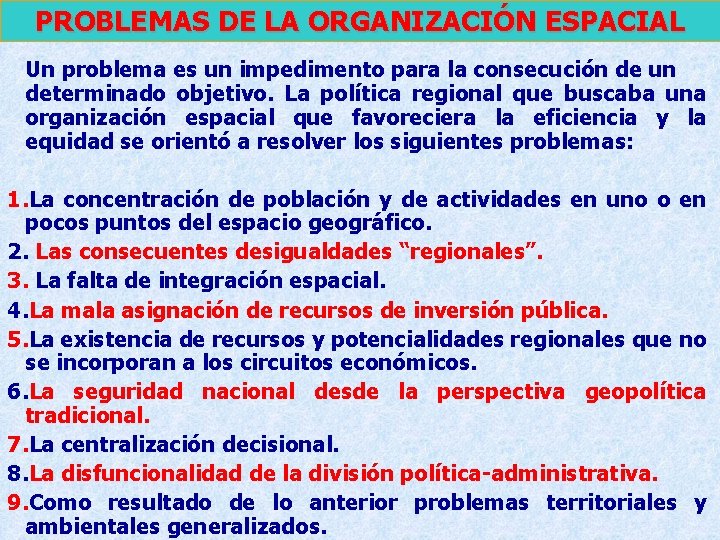 PROBLEMAS DE LA ORGANIZACIÓN ESPACIAL Un problema es un impedimento para la consecución de PROBLEMAS DE LA ORGANIZACIÓN ESPACIAL Un problema es un impedimento para la consecución de