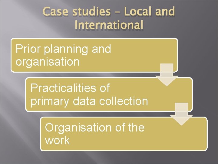 Case studies – Local and International Prior planning and organisation Practicalities of primary data