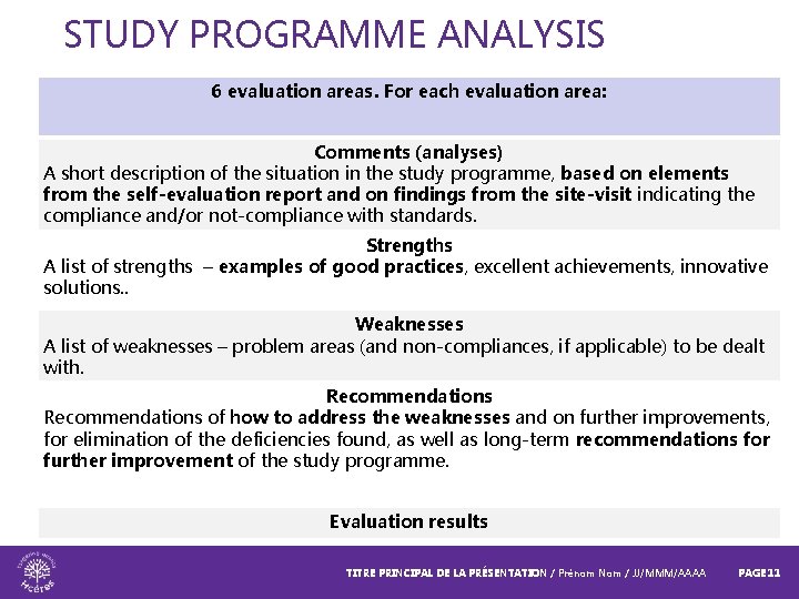 STUDY PROGRAMME ANALYSIS 6 evaluation areas. For each evaluation area: Comments (analyses) A short