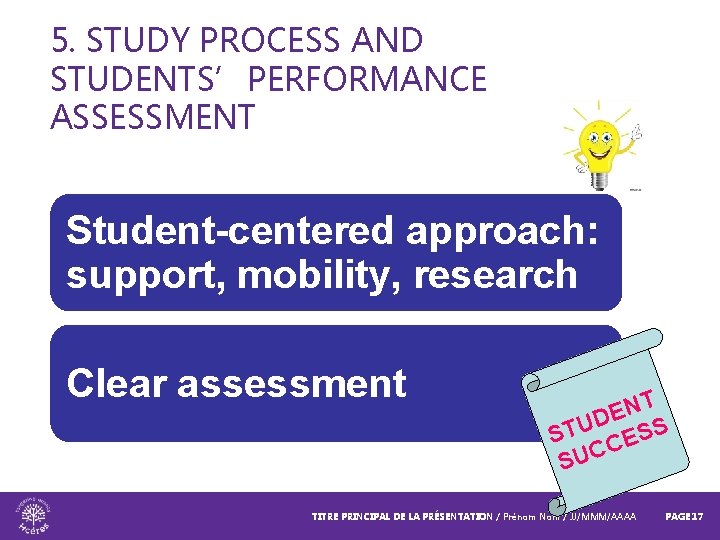 5. STUDY PROCESS AND STUDENTS’PERFORMANCE ASSESSMENT Student-centered approach: support, mobility, research Clear assessment T