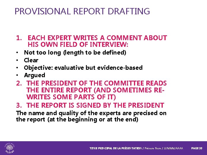 PROVISIONAL REPORT DRAFTING 1. EACH EXPERT WRITES A COMMENT ABOUT HIS OWN FIELD OF