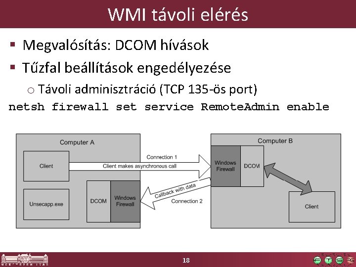 WMI távoli elérés § Megvalósítás: DCOM hívások § Tűzfal beállítások engedélyezése o Távoli adminisztráció