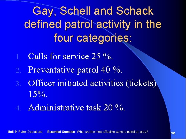 Gay, Schell and Schack defined patrol activity in the four categories: Calls for service