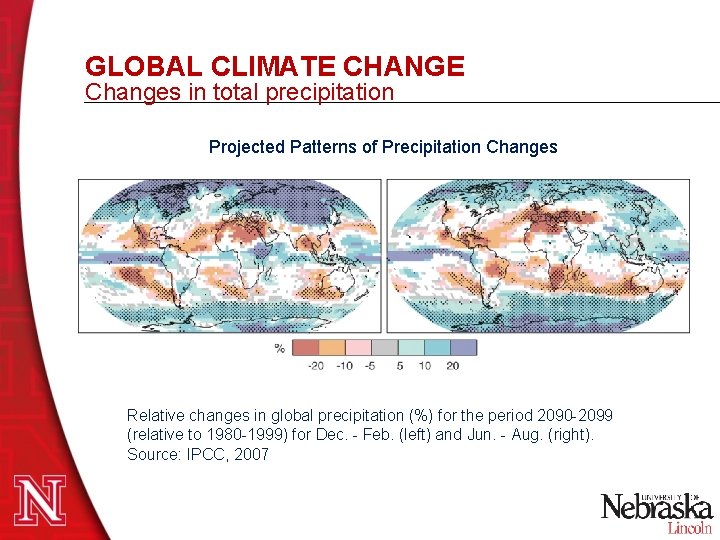 GLOBAL CLIMATE CHANGE Changes in total precipitation Projected Patterns of Precipitation Changes Relative changes GLOBAL CLIMATE CHANGE Changes in total precipitation Projected Patterns of Precipitation Changes Relative changes