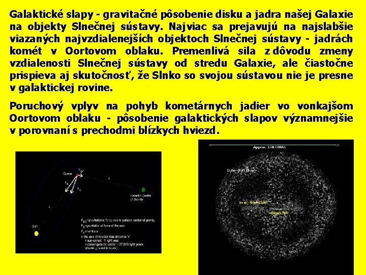 Galaktické slapy - gravitačné pôsobenie disku a jadra našej Galaxie na objekty Slnečnej sústavy.