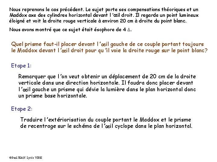 Nous reprenons le cas précédent. Le sujet porte ses compensations théoriques et un Maddox