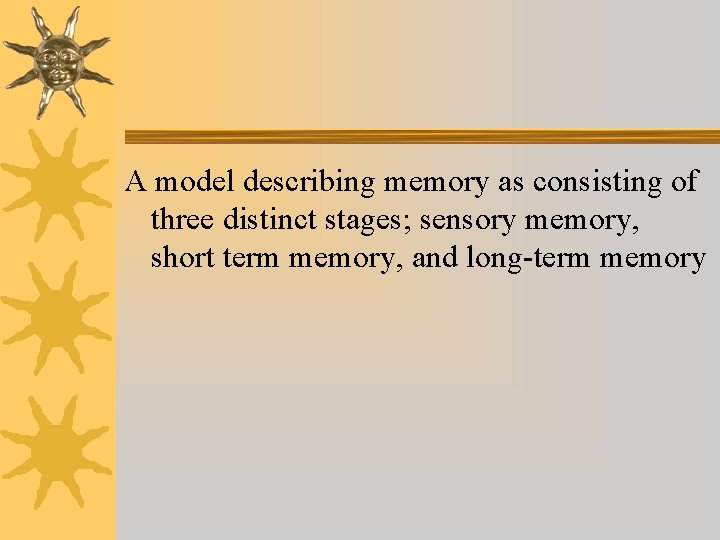 A model describing memory as consisting of three distinct stages; sensory memory, short term A model describing memory as consisting of three distinct stages; sensory memory, short term