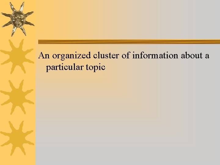 An organized cluster of information about a particular topic An organized cluster of information about a particular topic
