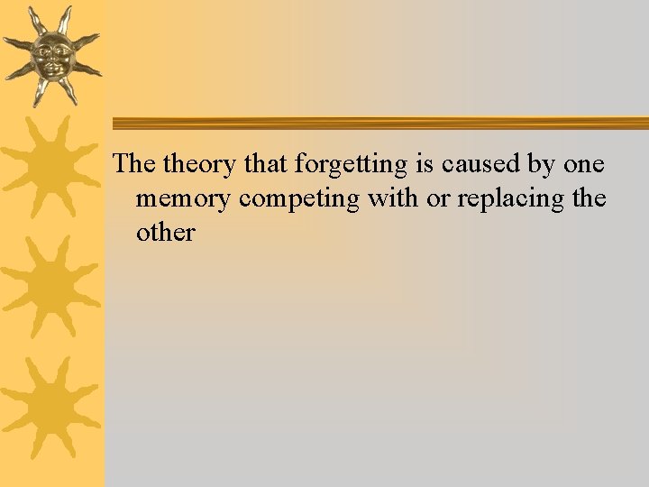 The theory that forgetting is caused by one memory competing with or replacing the The theory that forgetting is caused by one memory competing with or replacing the