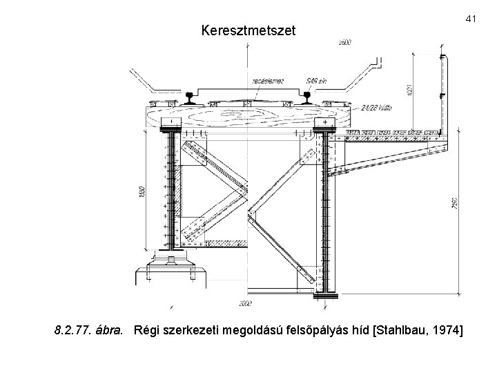 Keresztmetszet 41 8. 2. 77. ábra. Régi szerkezeti megoldású felsőpályás híd [Stahlbau, 1974] 