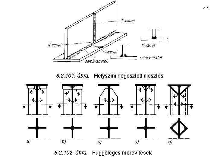 47 8. 2. 101. ábra. Helyszíni hegesztett illesztés 8. 2. 102. ábra. Függőleges merevítések