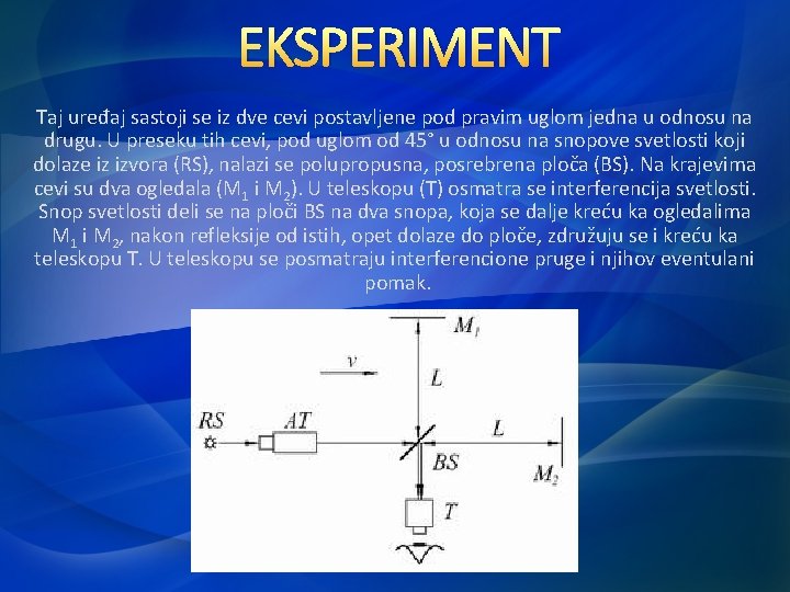 EKSPERIMENT Taj uređaj sastoji se iz dve cevi postavljene pod pravim uglom jedna u