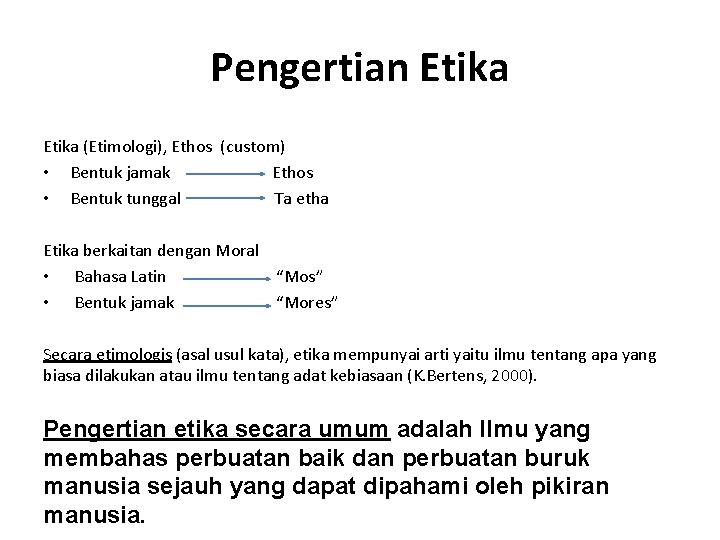Pengertian Etika (Etimologi), Ethos (custom) • Bentuk jamak Ethos • Bentuk tunggal Ta etha
