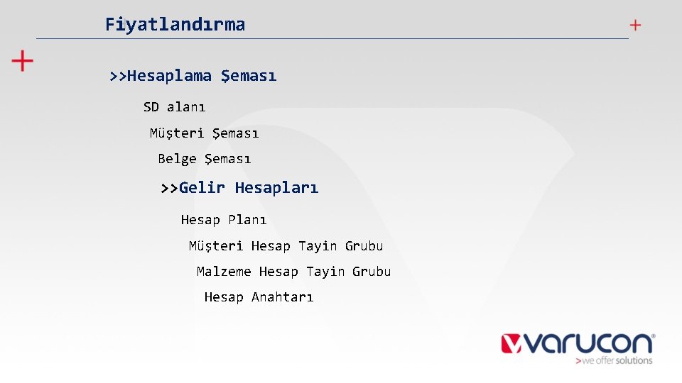 Fiyatlandırma >>Hesaplama Şeması SD alanı Müşteri Şeması Belge Şeması >>Gelir Hesapları Hesap Planı Müşteri