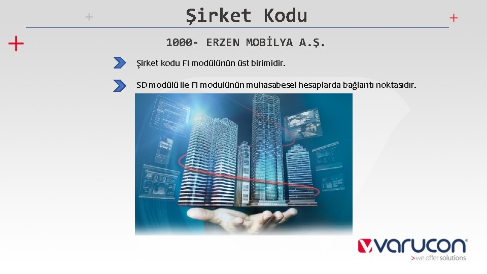 Şirket Kodu 1000 - ERZEN MOBİLYA A. Ş. Şirket kodu FI modülünün üst birimidir.