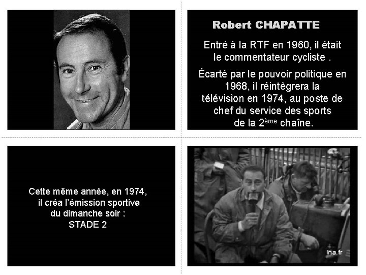 Robert CHAPATTE Entré à la RTF en 1960, il était le commentateur cycliste. Écarté