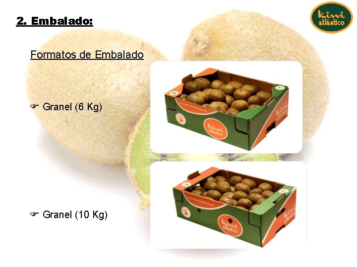 2. Embalado: Formatos de Embalado F Granel (6 Kg) F Granel (10 Kg) 2. Embalado: Formatos de Embalado F Granel (6 Kg) F Granel (10 Kg)