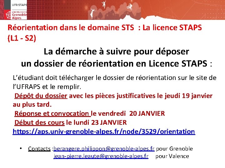 Réorientation dans le domaine STS : La licence STAPS (L 1 - S 2)