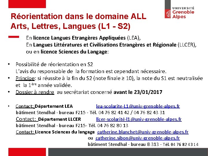 Réorientation dans le domaine ALL Arts, Lettres, Langues (L 1 - S 2) En