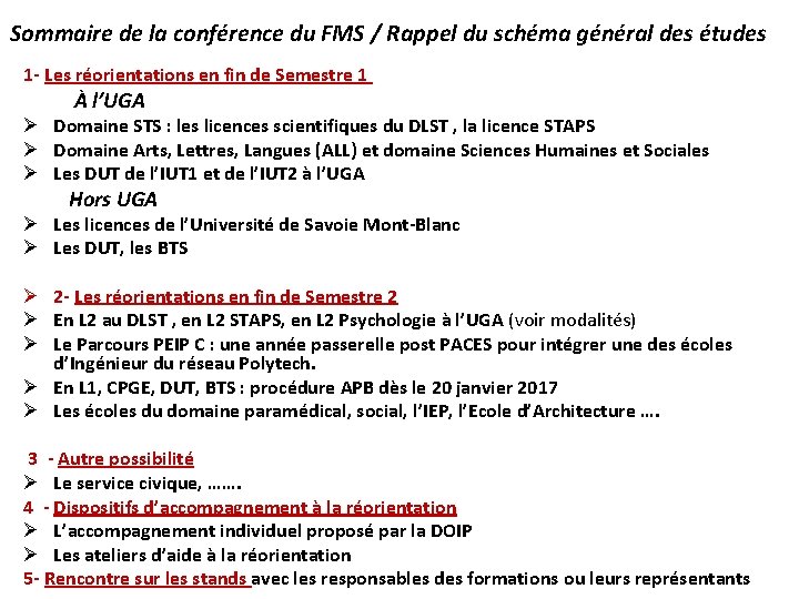 Sommaire de la conférence du FMS / Rappel du schéma général des études 1