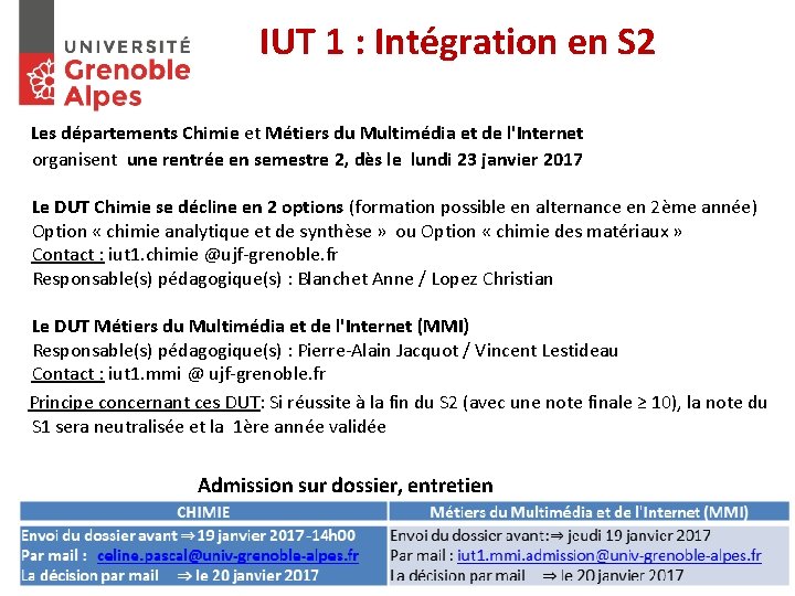 IUT 1 : Intégration en S 2 Les départements Chimie et Métiers du Multimédia