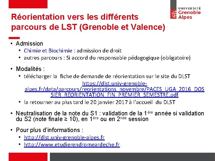 Réorientation vers les différents parcours de LST (Grenoble et Valence) • Admission • Chimie