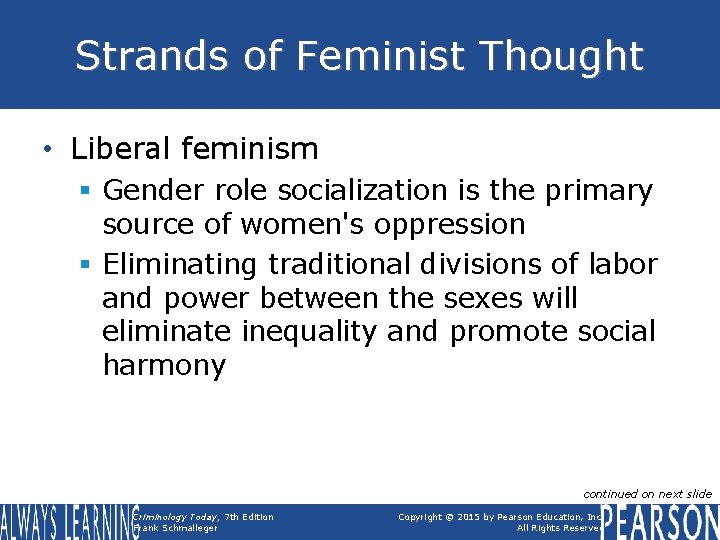 Strands of Feminist Thought • Liberal feminism § Gender role socialization is the primary Strands of Feminist Thought • Liberal feminism § Gender role socialization is the primary