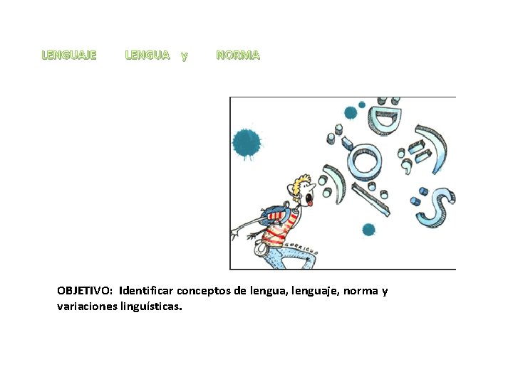 LENGUAJE LENGUA y NORMA OBJETIVO: Identificar conceptos de lengua, lenguaje, norma y variaciones linguísticas.