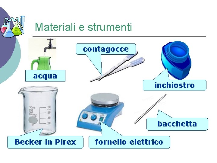 Materiali e strumenti contagocce acqua inchiostro bacchetta Becker in Pirex fornello elettrico 