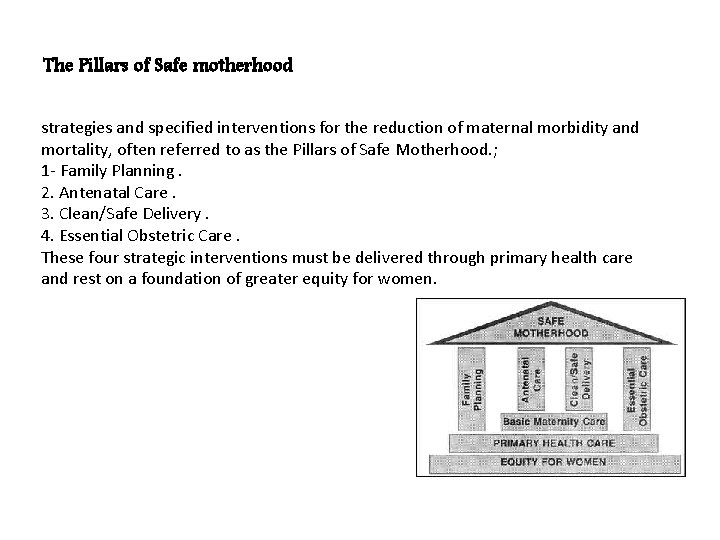The Pillars of Safe motherhood strategies and specified interventions for the reduction of maternal