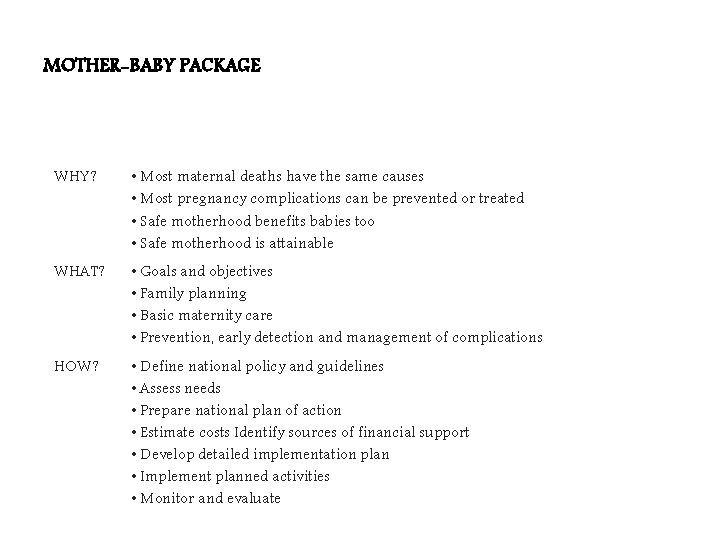 MOTHER-BABY PACKAGE WHY? • Most maternal deaths have the same causes • Most pregnancy