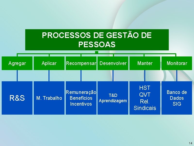 PROCESSOS DE GESTÃO DE PESSOAS Agregar R&S Aplicar Recompensar Desenvolver Remuneração T&D M. Trabalho