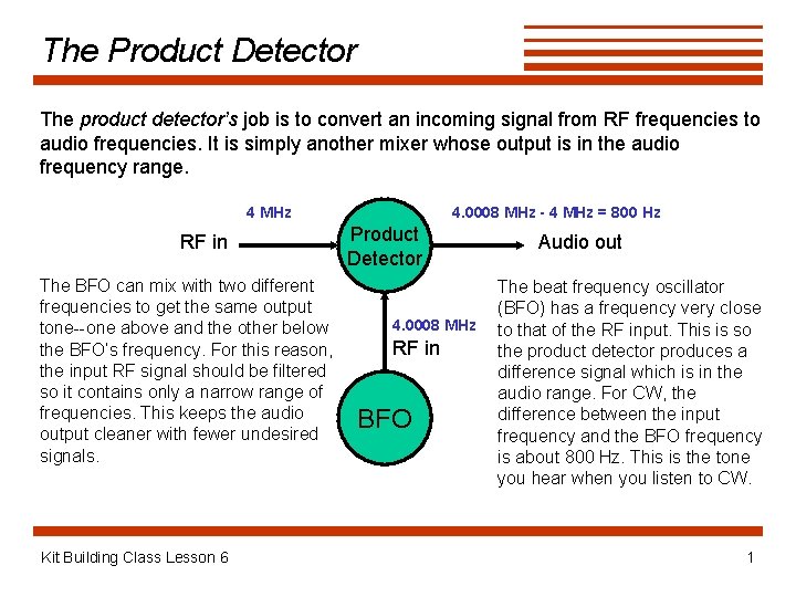 The Product Detector The product detector’s job is to convert an incoming signal from