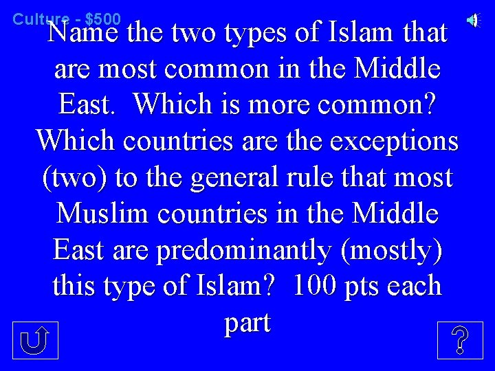 Culture - $500 Name the two types of Islam that are most common in