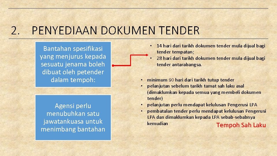 2. PENYEDIAAN DOKUMEN TENDER Bantahan spesifikasi yang menjurus kepada sesuatu jenama boleh dibuat oleh