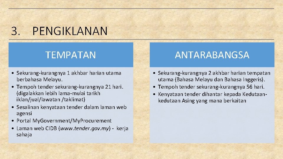 3. PENGIKLANAN TEMPATAN ANTARABANGSA • Sekurang-kurangnya 1 akhbar harian utama berbahasa Melayu. • Tempoh