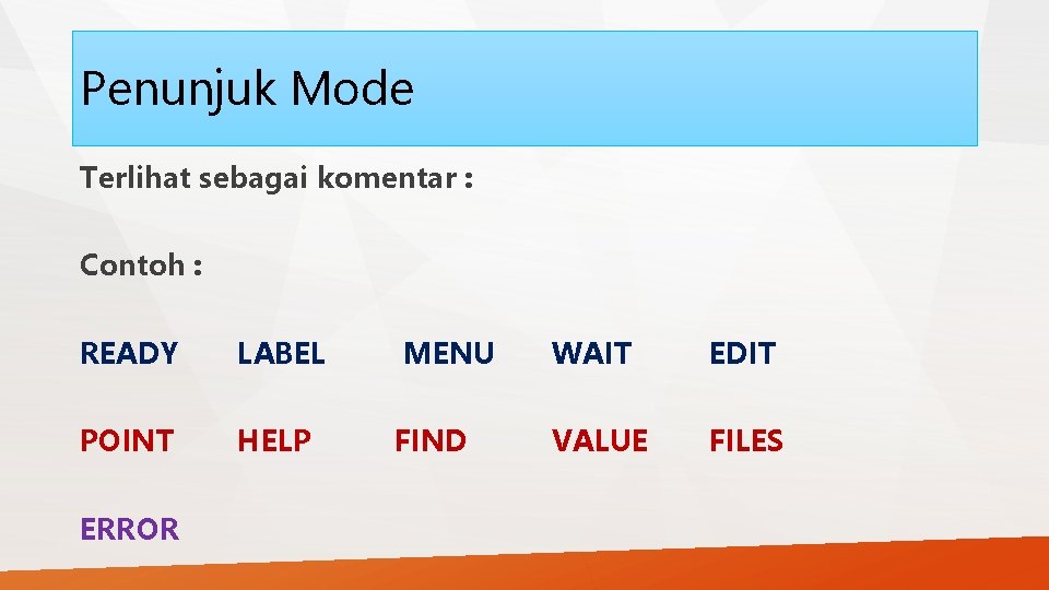 Penunjuk Mode Terlihat sebagai komentar : Contoh : READY LABEL MENU WAIT EDIT POINT