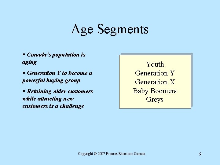 Age Segments § Canada’s population is aging § Generation Y to become a powerful