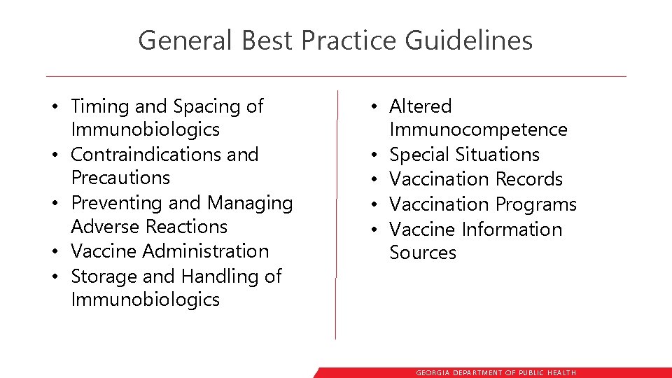 General Best Practice Guidelines • Timing and Spacing of Immunobiologics • Contraindications and Precautions