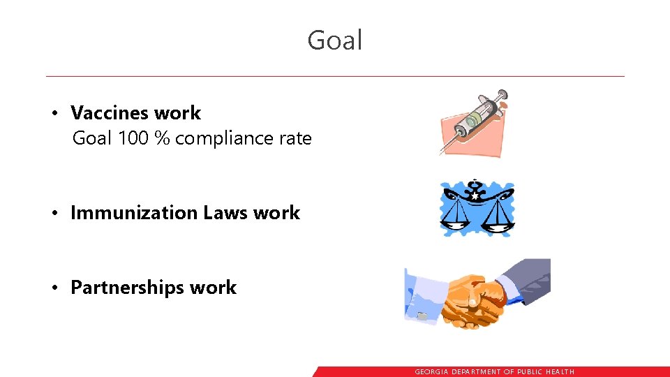 Goal • Vaccines work Goal 100 % compliance rate • Immunization Laws work •