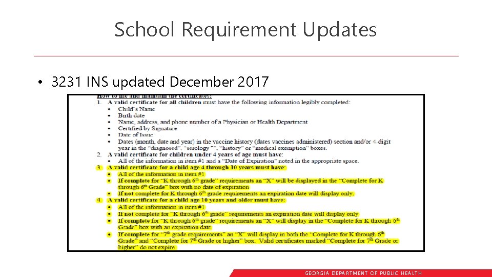 School Requirement Updates • 3231 INS updated December 2017 GEORGIA DEPARTME NT OF PUBLIC