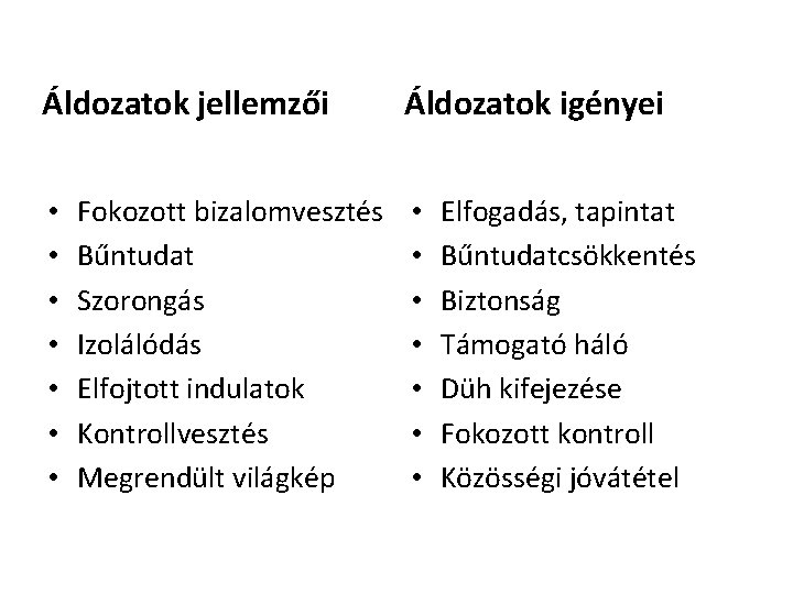 Áldozatok jellemzői • • Fokozott bizalomvesztés Bűntudat Szorongás Izolálódás Elfojtott indulatok Kontrollvesztés Megrendült világkép