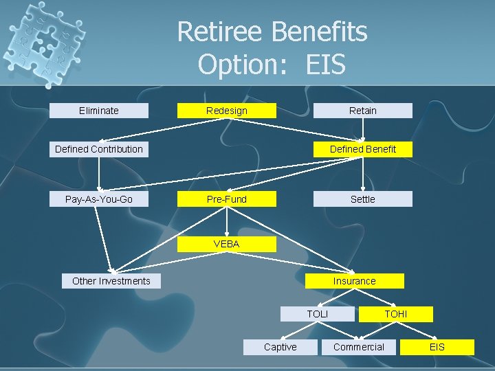 Retiree Benefits Option: EIS Eliminate Redesign Retain Defined Contribution Pay-As-You-Go Defined Benefit Pre-Fund Settle
